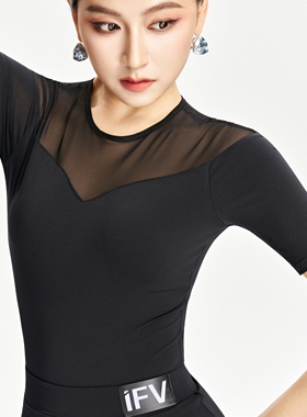 IFV拉丁舞上衣女网纱透视短袖练功服摩登舞形体舞蹈服新款1045