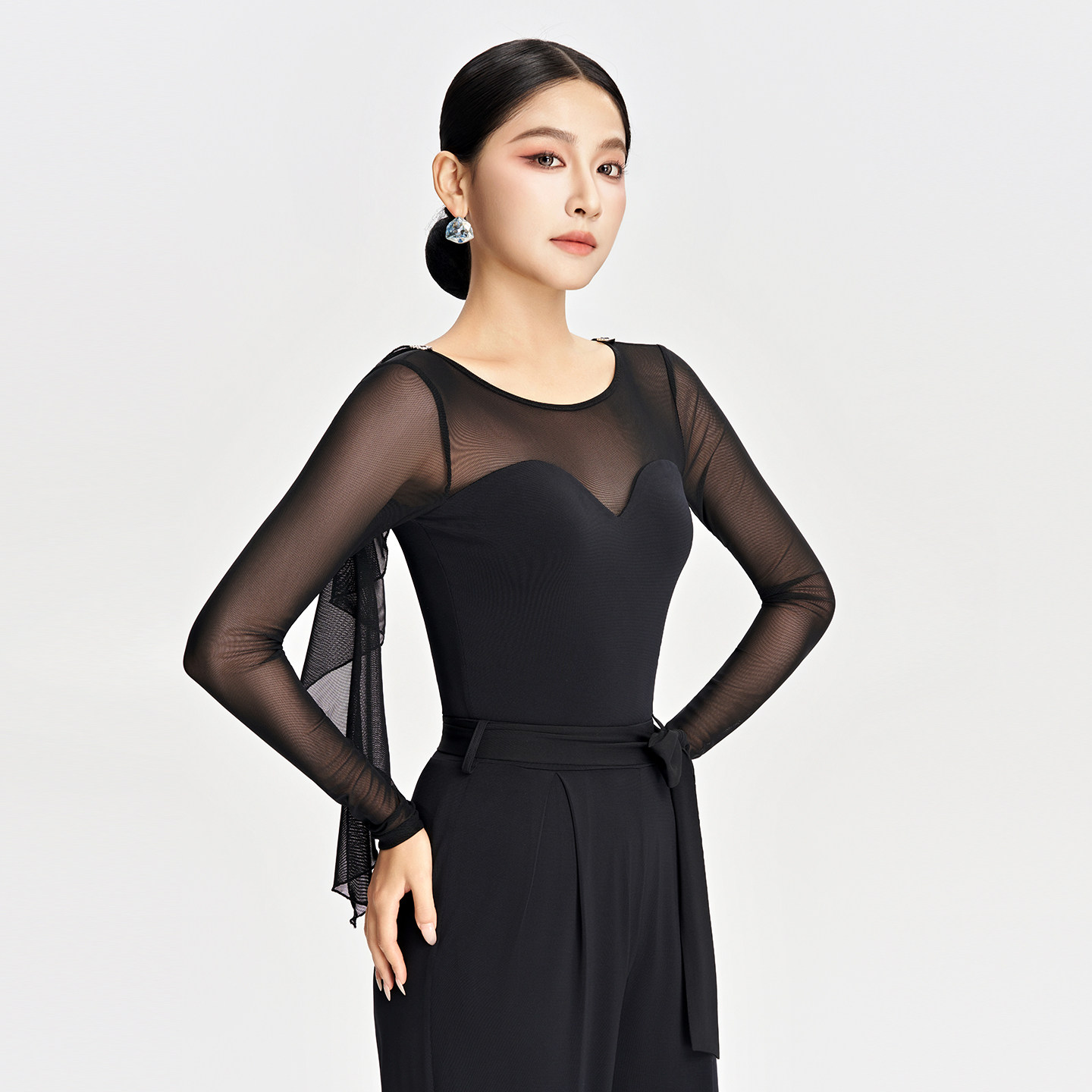 IFV摩登舞上衣女黑色网纱透视长袖国标舞练功服专业款连体衣1046