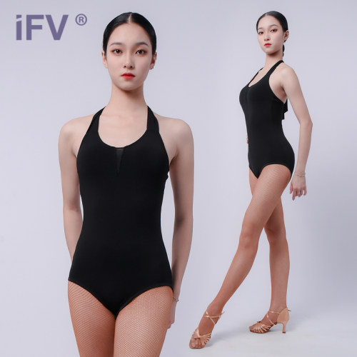 IFV伊芙唯女拉丁摩登舞上衣泡泡袖挂脖露背连体衣艺考班服练功服