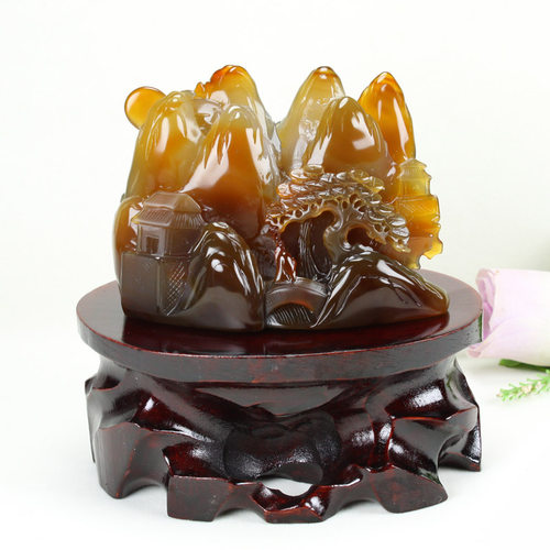 小摆件纯天然玛瑙山水小桥流水