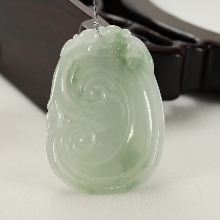 正品天然翡翠A货浅绿色飘蓝花 事事如意灵芝吊坠挂件带证书包邮