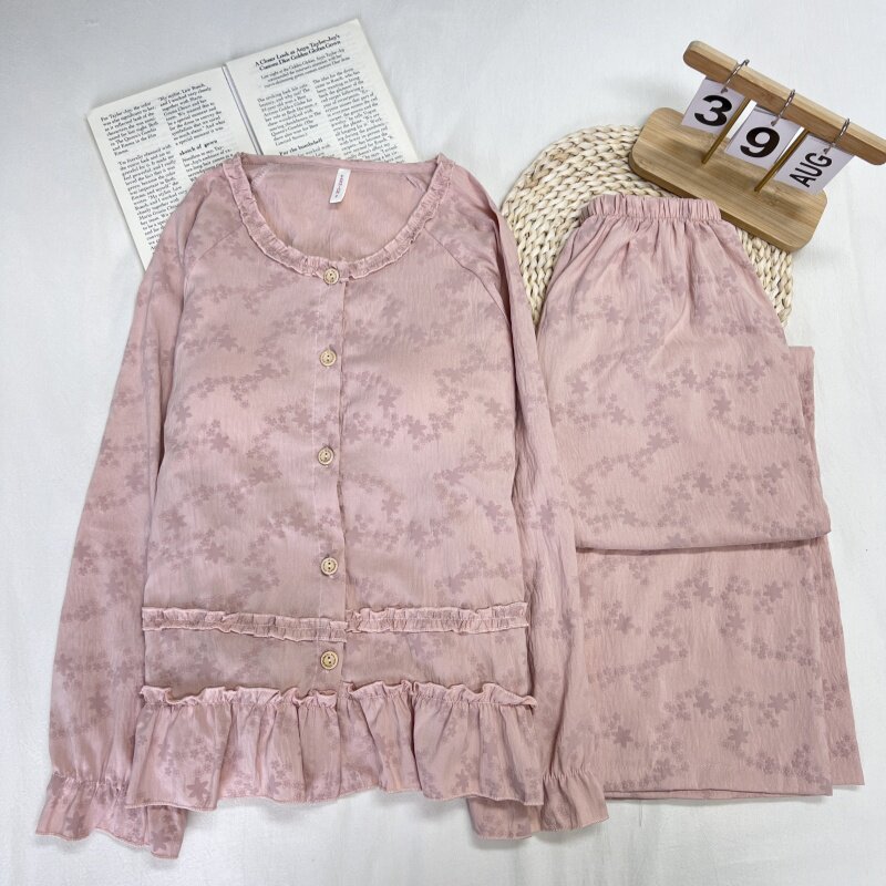 带胸垫睡衣女款2026春秋长袖印花大码可外穿家居服休闲宽松两件套