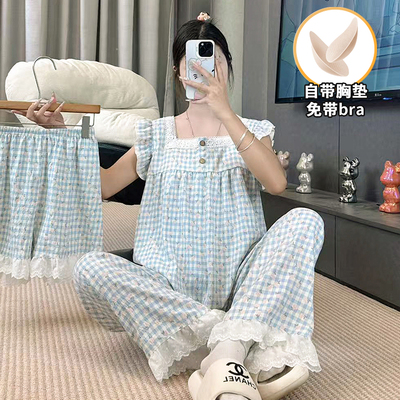 带胸垫甜美薄款睡衣女家居服套装