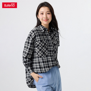 班尼路新款 女装 休闲上衣中长款 包邮 格子衬衣宽松 春季 衬衫 长袖
