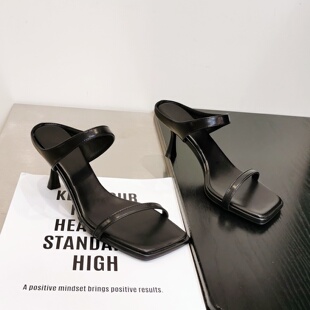 气质细跟双带外穿拖鞋 方头7cm 新款 高级感通勤职场凉拖女2026夏季