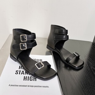 低跟高帮侧空方头百搭外穿时装 新款 靴 街头风罗马凉靴2026夏季 韩版