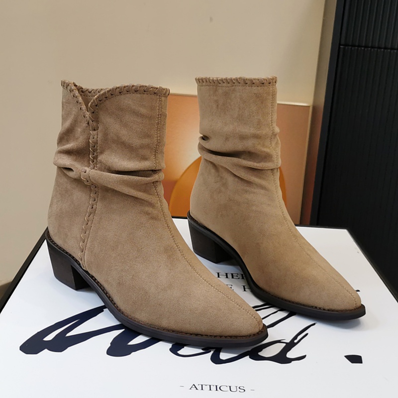 尖头粗跟西部牛仔短靴绒面瘦瘦靴