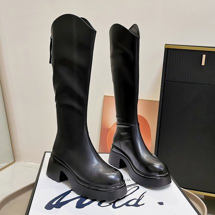 7CM厚底粗跟不过膝长筒靴女2025秋季新款小个子后拉链显瘦骑士靴