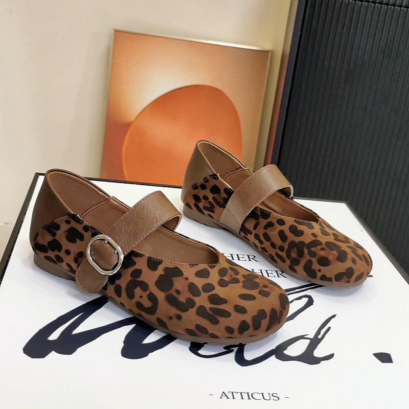 法式复古豹纹单鞋绒面玛丽珍女鞋