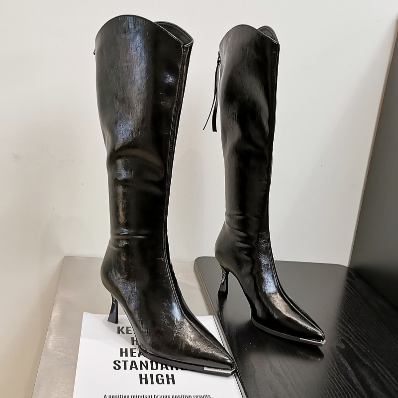 软皮V口细跟长靴法式高跟时装靴