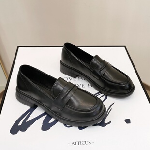 平底黑色皮鞋女2024新款英伦风乐福鞋软皮软底舒适一脚蹬工作单鞋