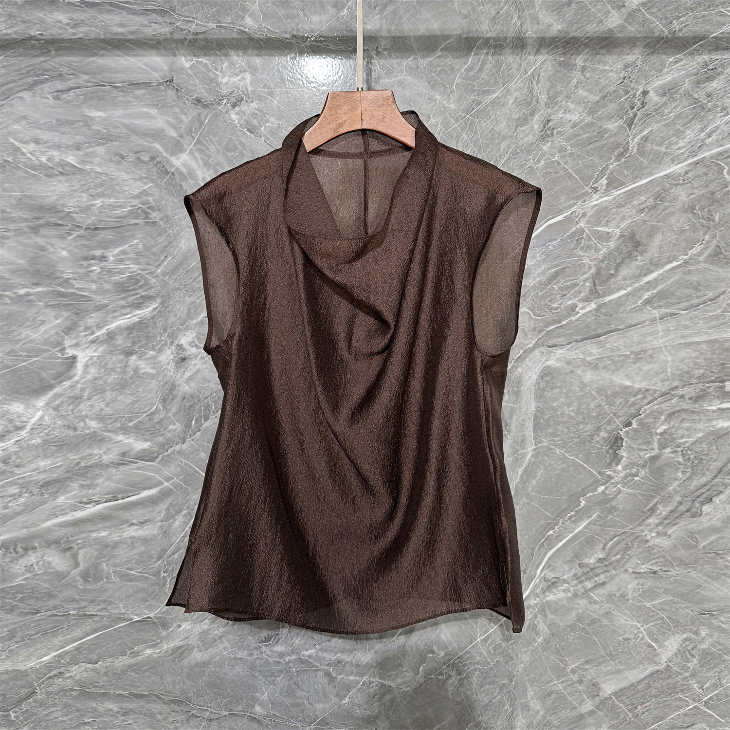 深圳南油原创设计肤感百搭薄纱衬衣女铜氨丝亚麻荡领微透视上衣潮