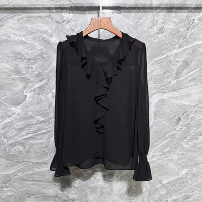 荷叶边V领衬衫宽松遮肚子上衣女