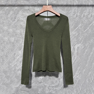 扬子纱U领长袖羊毛衫18针无缝100美丽诺针织衫女可机洗打底衫女