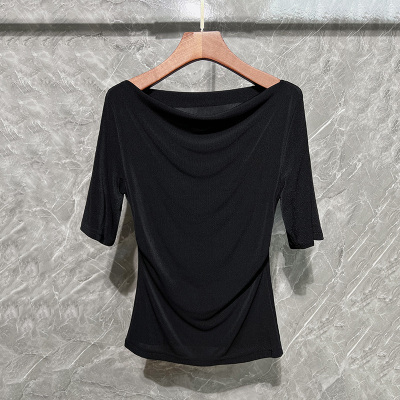 高级感醋酸针织T恤知性优雅荡领女人味一字领修身显瘦中袖上衣t恤