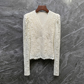 打底衫 磨毛加绒长袖 春 白色蕾丝镂空v领上衣小众设计感泡泡袖 法式