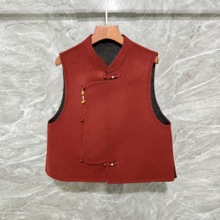 新中式国风年轻款双面呢羊毛马甲女红色短款背心毛呢外套新年外套