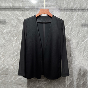 时髦通勤无扣开衫外搭女高级感单西上衣乔其纱拼醋酸无领西装外套