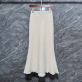 秋冬小香羊毛呢亮片流苏半身裙法式 复古气质弹力高腰鱼尾长裙米白