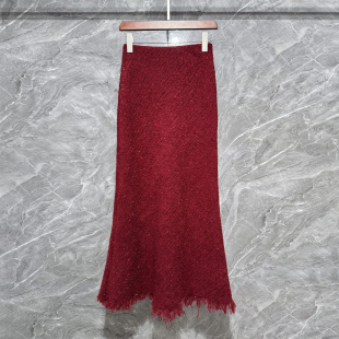 女人味 包臀羊毛流苏亮片半裙2026秋冬小香风优雅气质鱼尾裙 法式