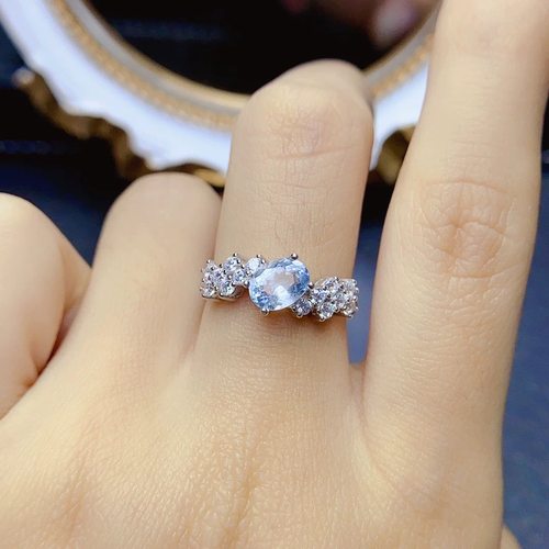 【地质大学】天然海蓝宝戒指，全净火彩爆闪，S925银精工镶嵌