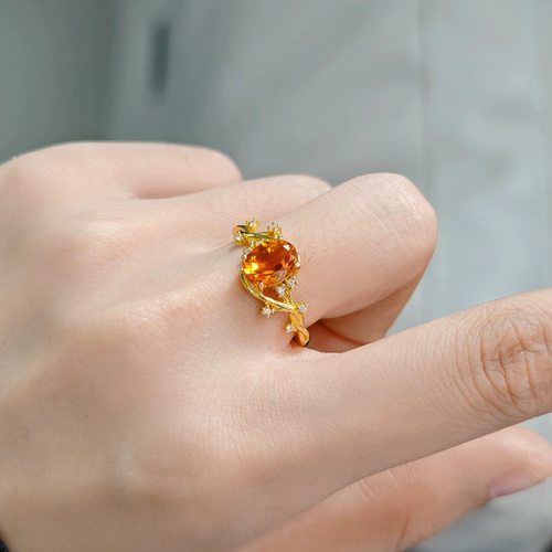 【地质大学珠宝】天然黄水晶戒指，芬达色暴力黄，925银镶嵌6*8mm