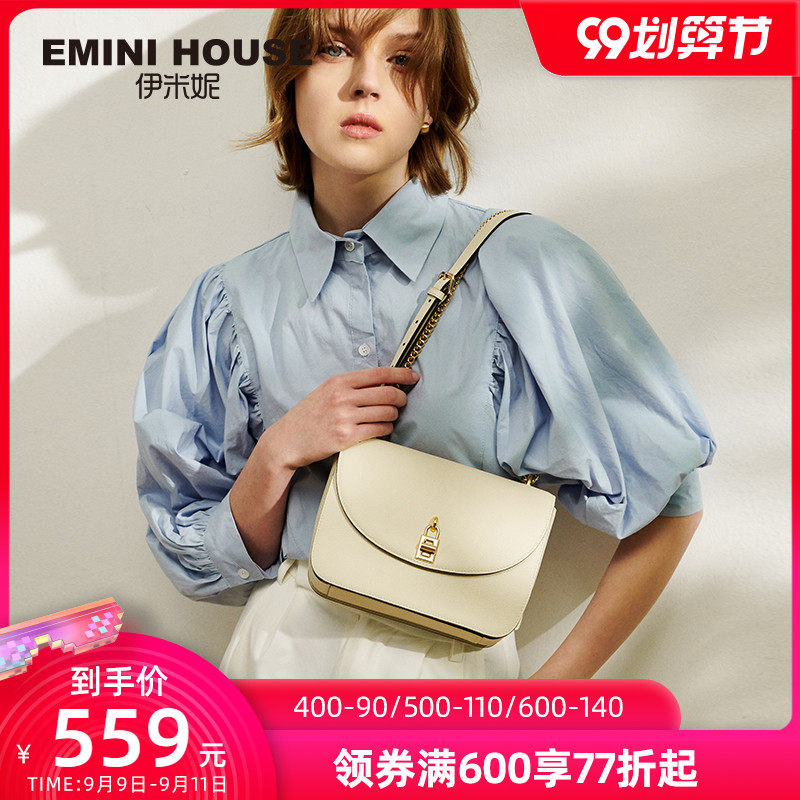 伊米妮2020年夏季头层牛皮单肩斜挎手提风琴褶撞色链条经典小方包