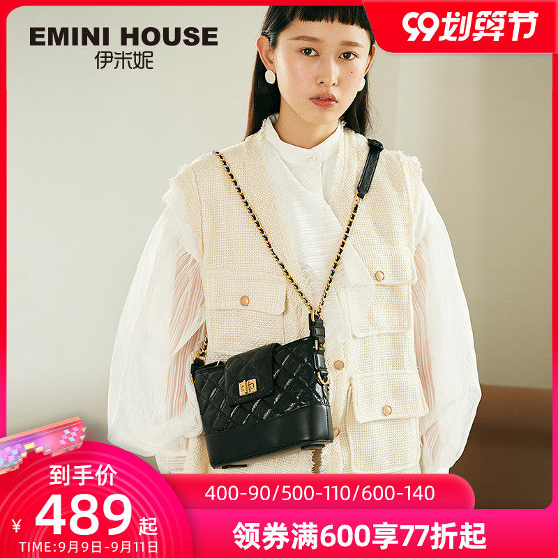 伊米妮2020包包女包新款2019时尚高级感斜挎菱格链条水桶包流浪包
