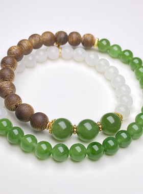 收藏级越南芽庄莺歌绿奇楠沉香手串和田玉手链碧玉俄料白玉18k金