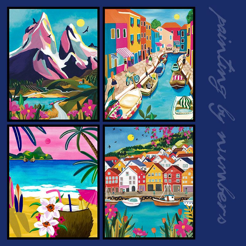 扁平风海洋风景山脉ins插画手绘填色diy数字油彩画卧室客厅装饰画