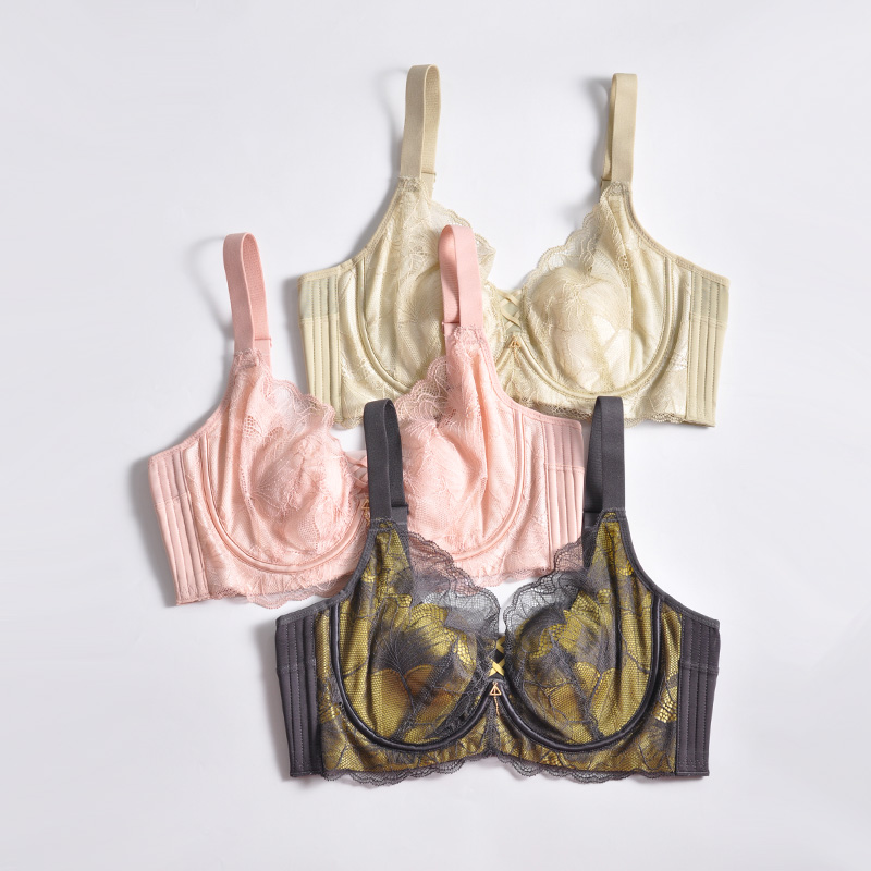 大胸显小内衣薄款蕾丝时尚性感文胸软钢圈防下垂收副乳调整胸罩