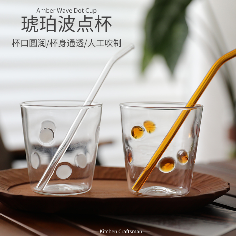 复古波点手工玻璃杯耐高温大容量高颜值咖啡冰美式饮料果汁牛奶杯