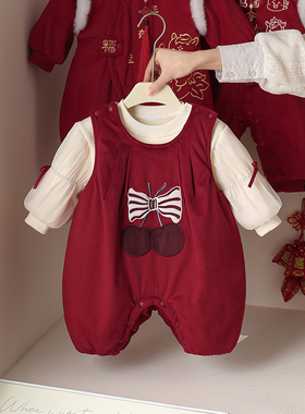 秋冬周岁生日女宝宝连体衣红色喜庆礼服套装加棉婴幼儿过年服棉衣