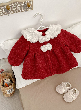 女宝宝甜美可爱风加绒外套红色蝴蝶结毛领外套冬季时髦圣诞款外套