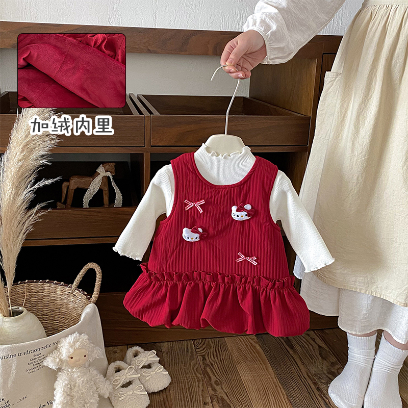 2025冬季新款婴幼儿加绒加厚连衣裙套装女宝宝背心裙针织衫两件套