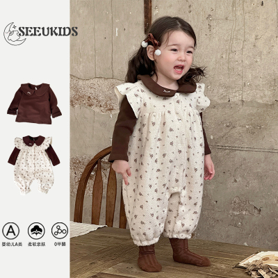 2025秋冬新品女宝宝碎花小飞袖背带爬服婴幼儿纯色打底背带裤套装