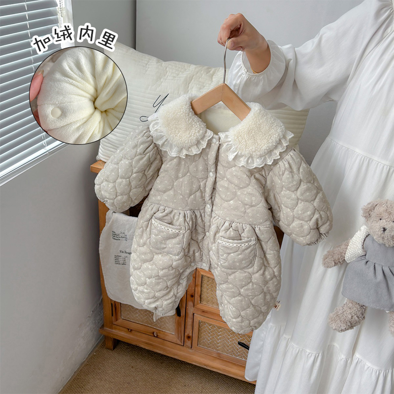 秋冬上新连体衣婴儿舒适保暖公主棉衣可爱超萌娃娃领长袖加绒棉服
