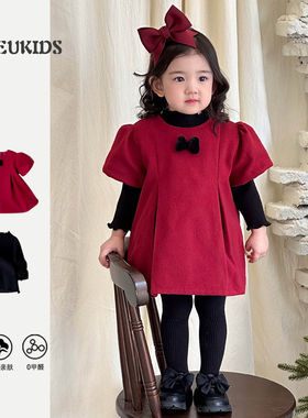 女童红色连衣裙甜美小香风泡泡袖蝴蝶结公主裙红色周岁礼服裙