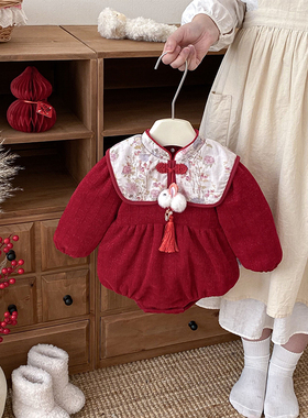 冬季婴儿加厚红色连体衣女宝宝长袖满月百天周岁礼服加绒保暖