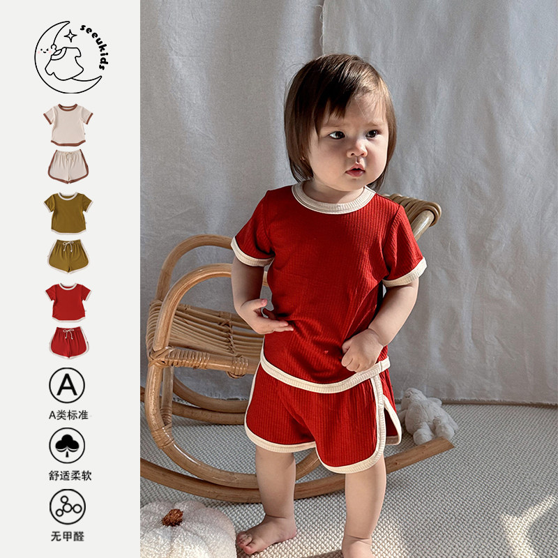 2025夏季新款婴幼童短袖短裤套装韩版男女宝宝糖果色家居服两件套