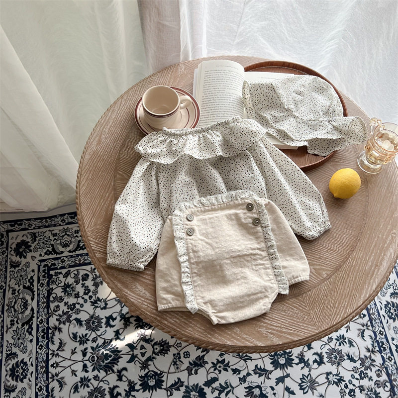 【清仓】女宝宝棉麻碎花三件套婴幼儿分体套装荷叶领森系PP裤