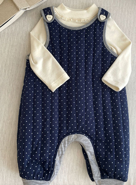 冬季上新宝宝舒适保暖长款爬服男女童夹棉加厚居家睡衣蓝色背带裤