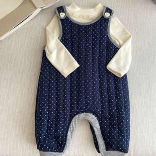 冬季上新宝宝舒适保暖长款爬服男女童夹棉加厚居家睡衣蓝色背带裤
