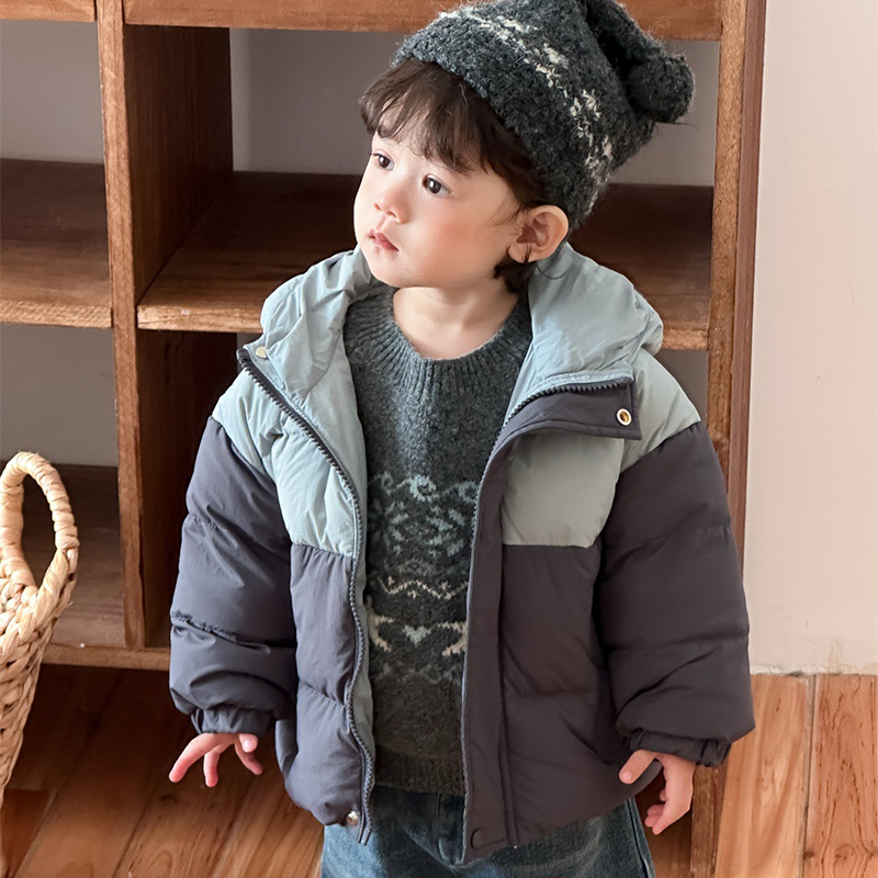 2025新款韩版男童撞色拼接棉服儿童加厚连帽棉袄外套男童加绒套装