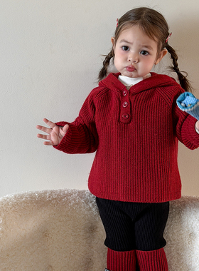 冬款婴幼儿圣诞新年保暖女童德绒红色毛衣儿童衣服宝宝小公主洋气