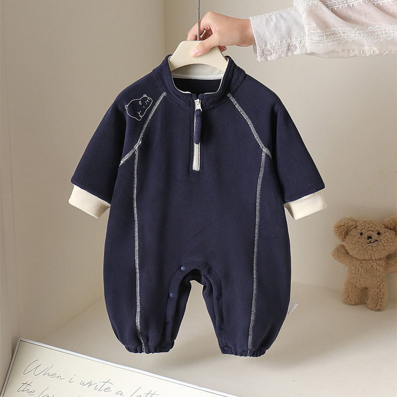 婴儿连体衣男女宝宝半拉链撞色运动风爬服双面呢绒哈衣婴童外出服
