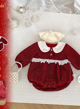 女宝宝冬季连体衣加绒女童红色过年爬服洋气公主百天哈衣周岁礼服