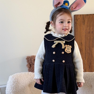 韩版学院风女童套装冬季兔子警官背心裙花边领毛衣周岁女宝礼服裙