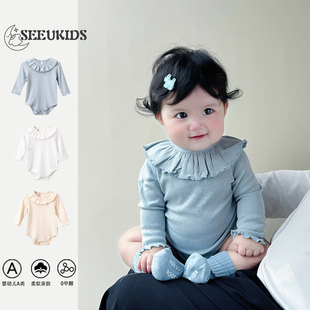 2026春秋新品婴幼儿韩版荷叶领长袖爬爬服女宝纯色木耳边外出哈衣