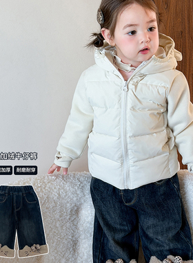 2025女童加绒牛仔裤冬季保暖婴幼儿加厚蓝色毛绒拼接直筒裤